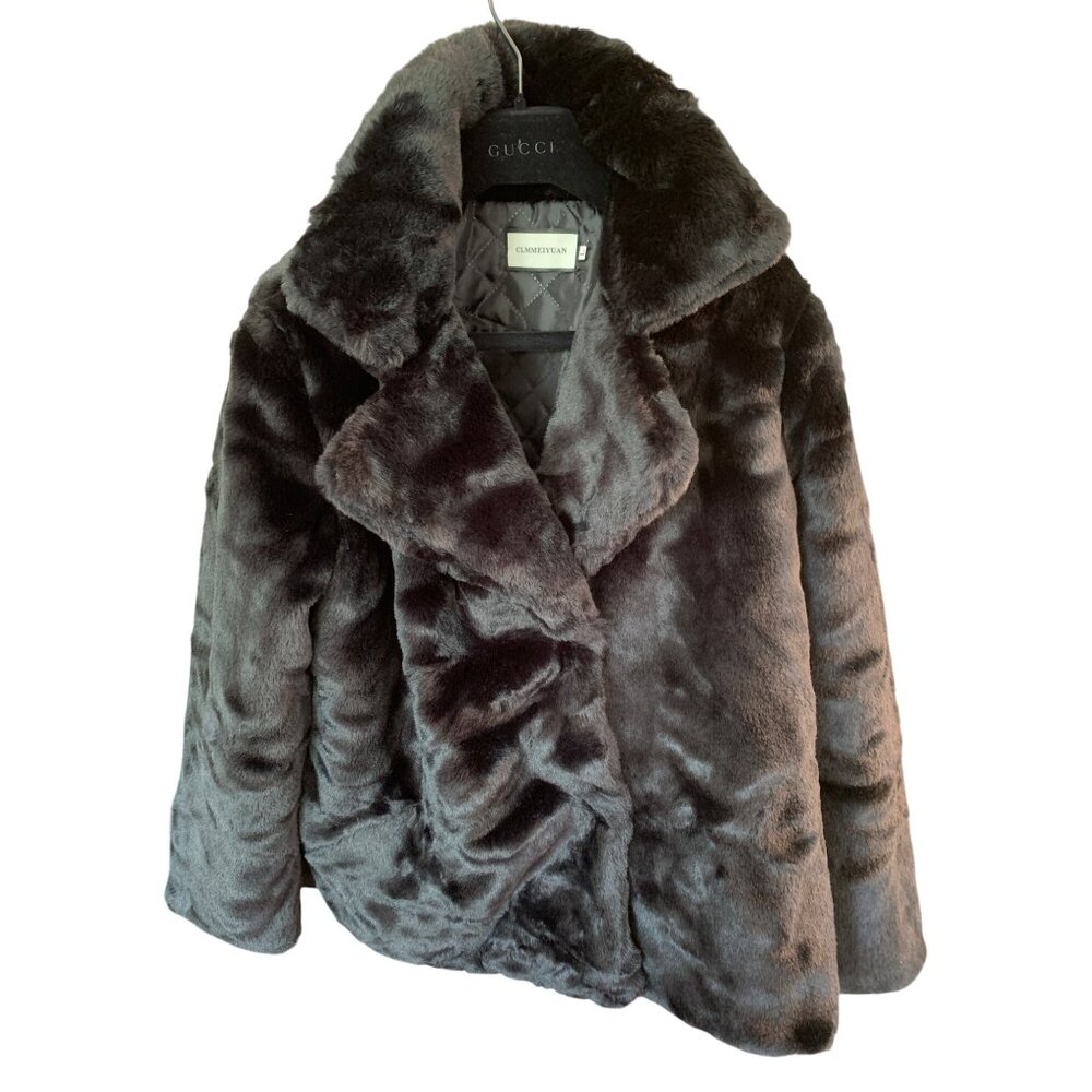 Clmmeiyuan Black Faux Fur Jacket Quilt Lining Ultra Soft Plush Size M/L RT10290